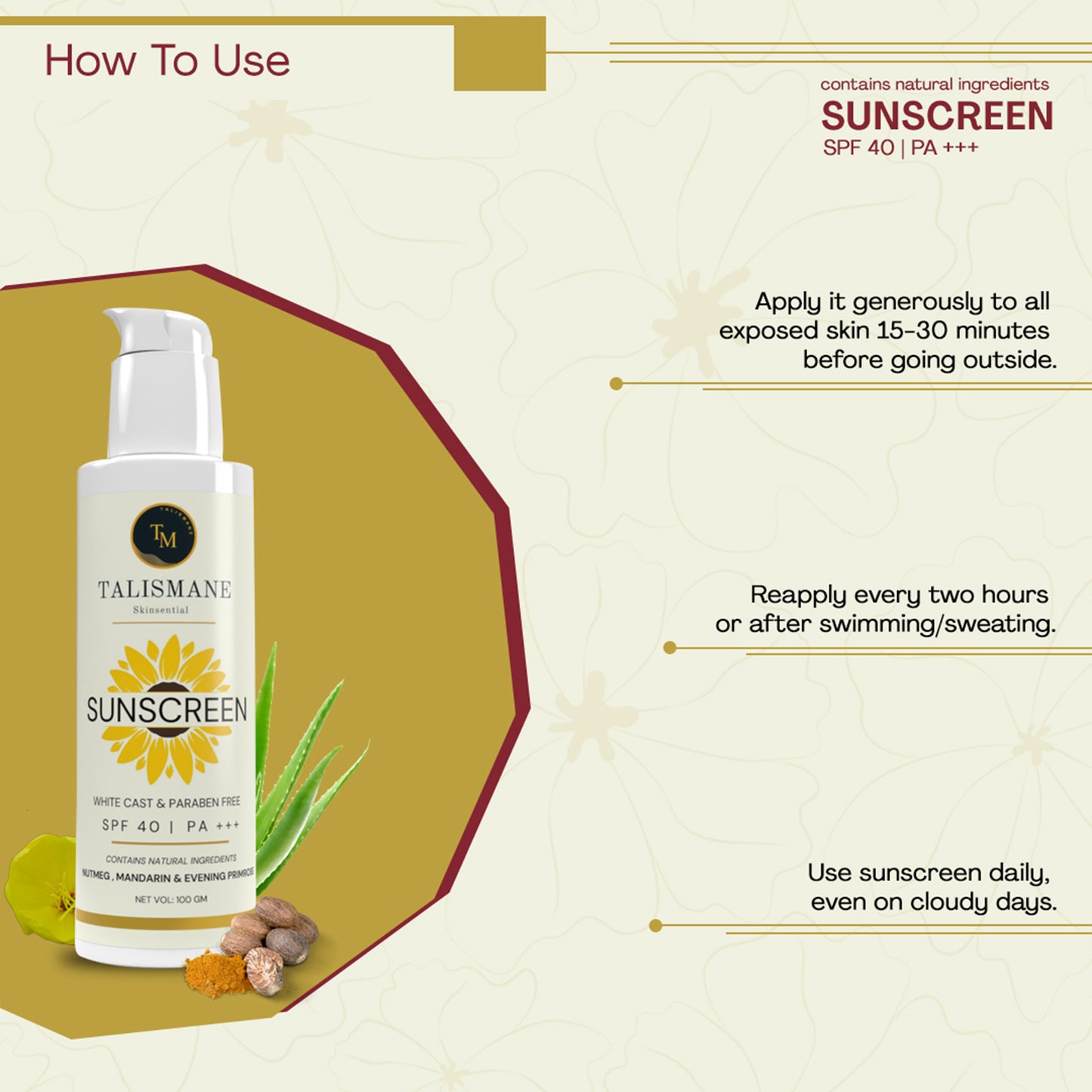 MOISTURISING SUNSCREEN LOTION SPF 40 PA+++ (100 gm)- TALISMANE SKINSENTIAL